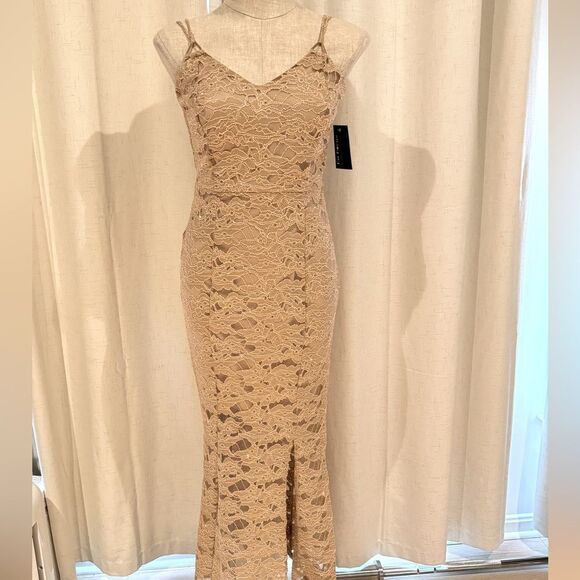 EnFocus Studios Gold Lace Maxi Dress Side Slit Size 6 NWT - Picture 7 of 9